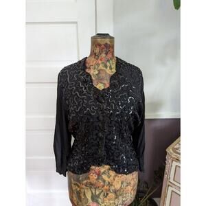 Vintage 1940s Silk Crepe Black Sequin Tie Back Button Blouse Sz M